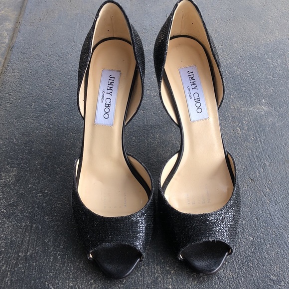 CYBER SALE! Jimmy Choo Black Glittery Peep Toe Heels S… - Picture 2 of 9